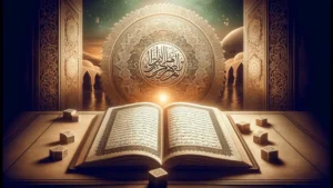 Open Quran with Arabic calligraphy and Islamic architecture in warm, spiritual setting.