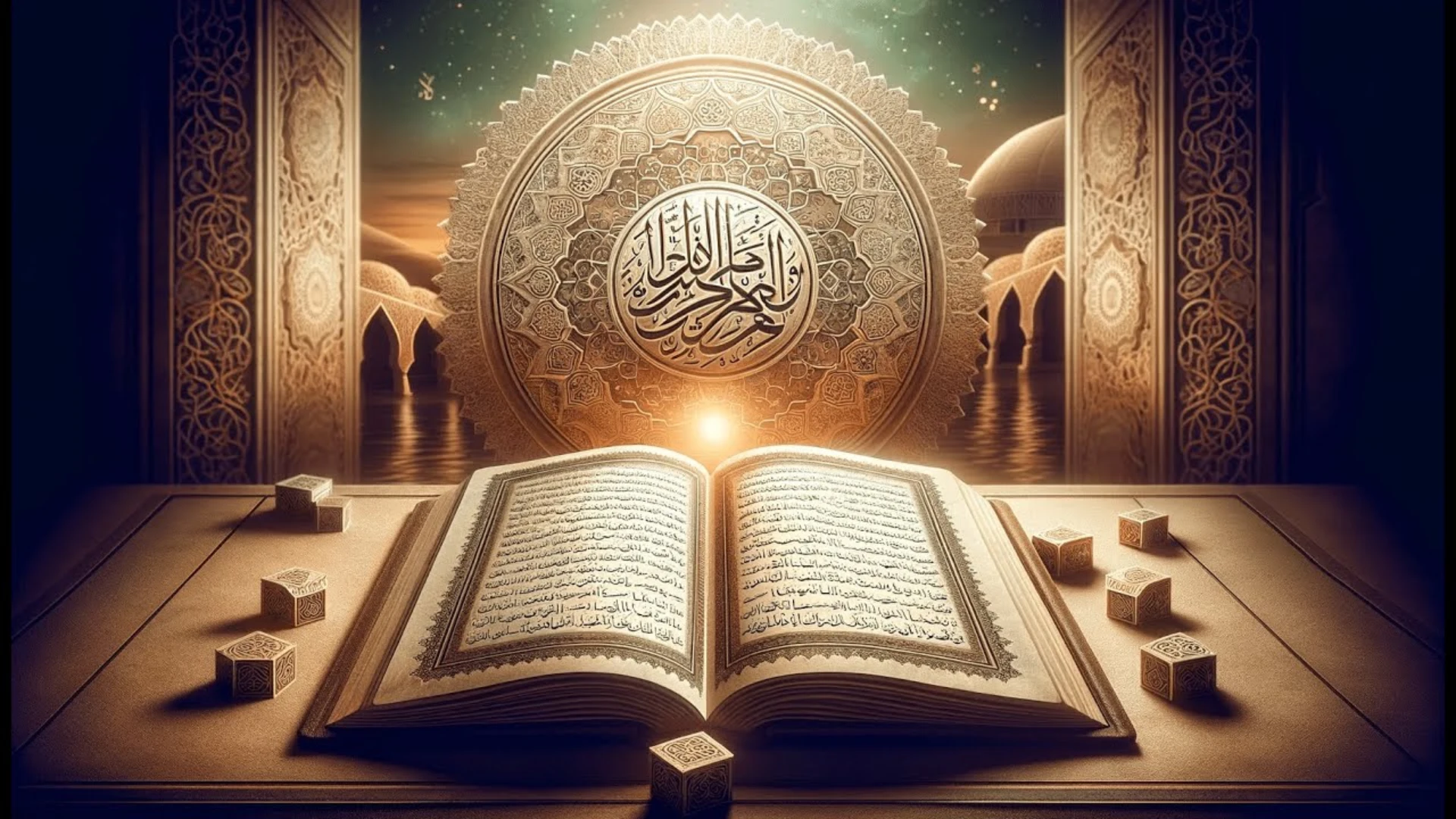 Open Quran with Arabic calligraphy and Islamic architecture in warm, spiritual setting.