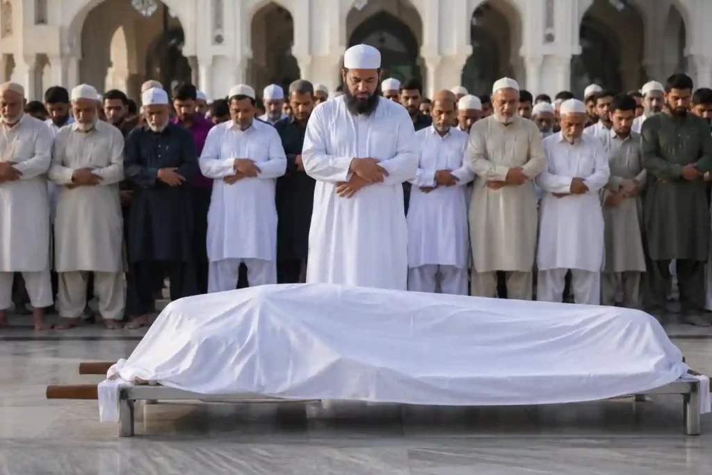 Muslims performing Namaz e Janaza funeral prayer in congregation