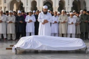 Muslims performing Namaz e Janaza funeral prayer in congregation
